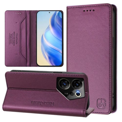 Funda de Cuero RFID con Doble Pliegue y Succión Magnética para Tecno Camon 20 Premier 5G Rc01 (Violeta)