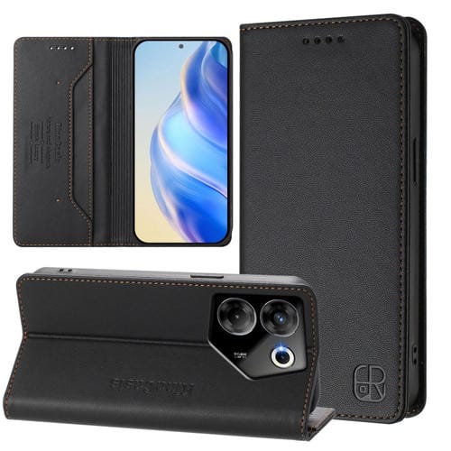 Funda de Cuero para Tecno Camon 20 Pro 5G Rc01 con Doble Pliegue y Succión Magnética Rfid (Negra)