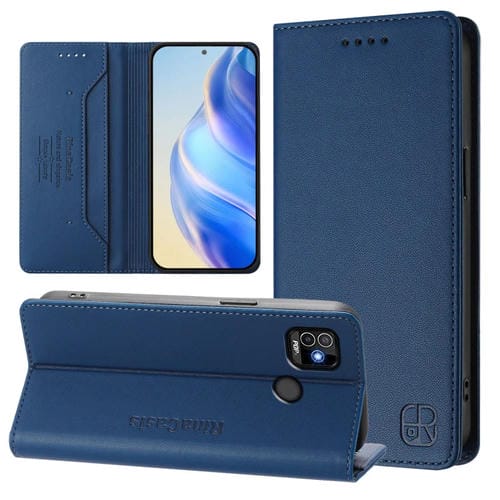 Funda de Cuero para Tecno Pop 5 Rc01 con Doble Pliegue y Succión Magnética Rfid (Azul Oscuro)