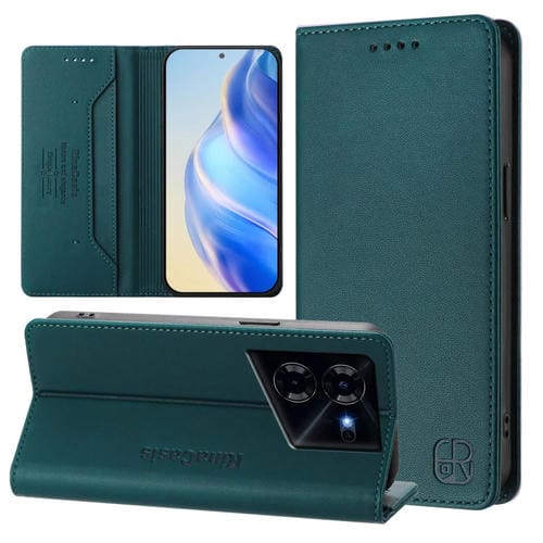 Funda de Cuero Rfid para Tecno Pova 5 Rc01 con Doble Pliegue y Succión Magnética (Verde Oscuro)