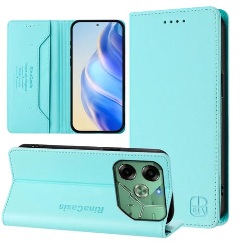 Funda de Cuero para Tecno Pova 6 4G Rc01 con Doble Pliegue y Succión Magnética Rfid (Verde Menta)