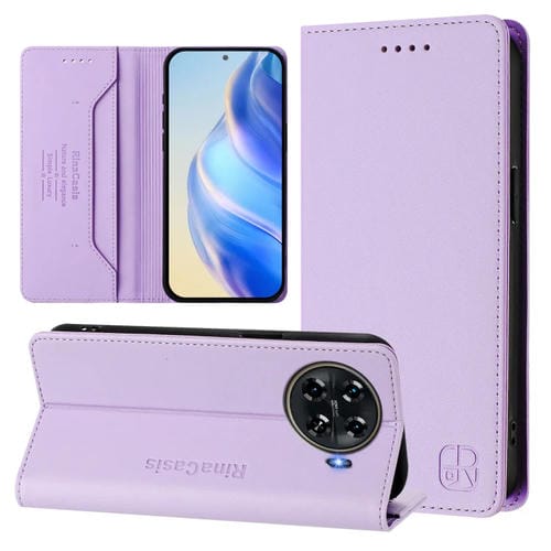 Funda de Cuero para Tecno Spark 20 Pro+ 4G Rc01 con Doble Pliegue y Succión Magnética Rfid (Morado Claro)