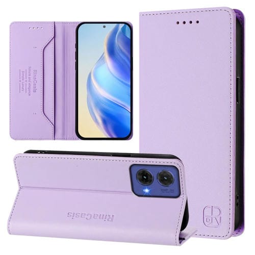 Funda de Cuero con Doble Pliegue y Succión Magnética Rfid para Motorola Moto G85 Rc01 (Morado Claro)