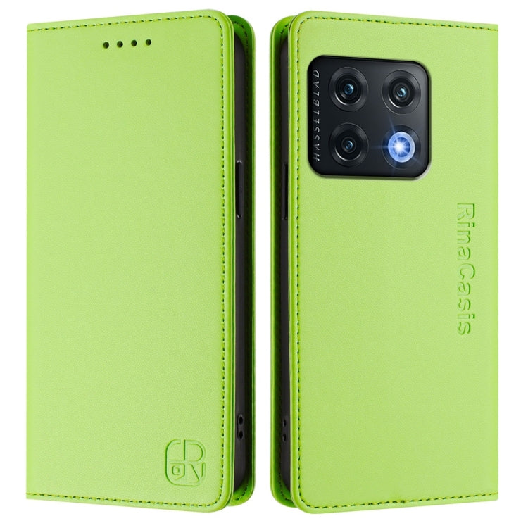 Funda de Cuero con Doble Pliegue y Succión Magnética RFID para OnePlus 10 Pro Rc01 (Verde Hierba)