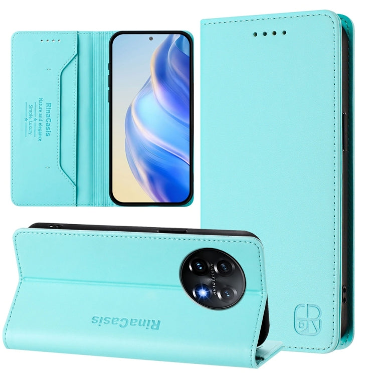 Funda de Cuero con Doble Pliegue y Succión Magnética RFID para OnePlus 11 Rc01 (Verde Menta)