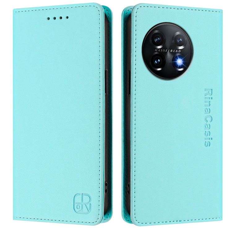 Funda de Cuero con Doble Pliegue y Succión Magnética RFID para OnePlus 11 Rc01 (Verde Menta)