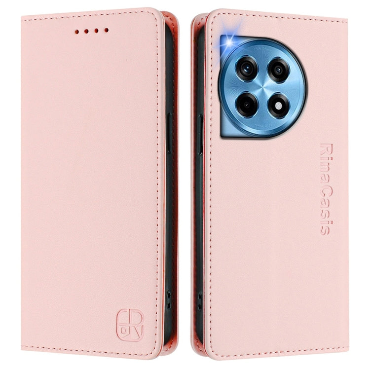 Funda de Cuero con Doble Pliegue y Succión Magnética para OnePlus 12 Global Rc01 (Rosa)