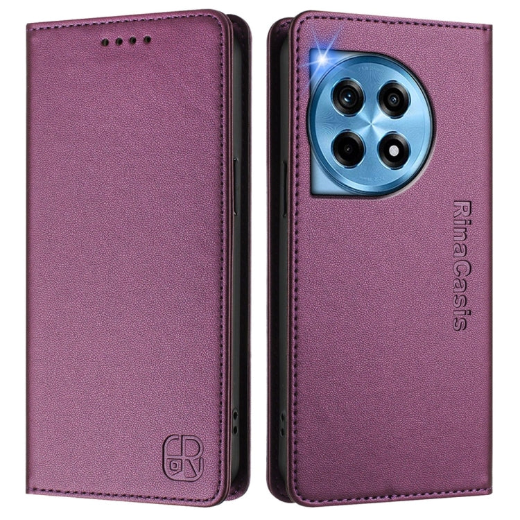 Funda de Cuero con Doble Pliegue y Succión Magnética RFID para OnePlus 12 Global Rc01 (Violeta)