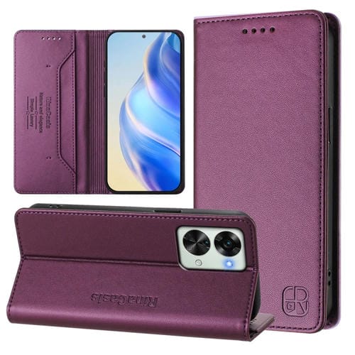Funda de Cuero con Doble Pliegue y Succión Magnética Rfid para OnePlus Nord 2T Rc01 (Violeta)