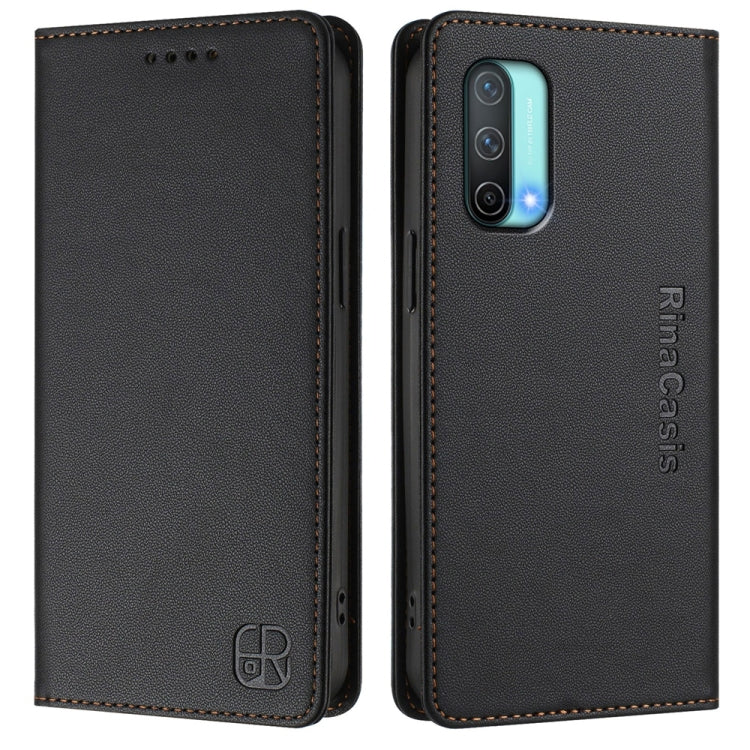 Funda de Cuero con Doble Pliegue y Succión Magnética RFID para OnePlus Nord CE 5G RC01 (Negro)