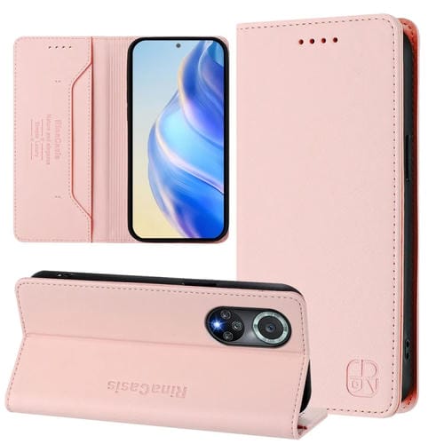 Funda de Cuero con Doble Pliegue y Succión Magnética RFID para Honor 50 Pro Rc01 (Rosa)