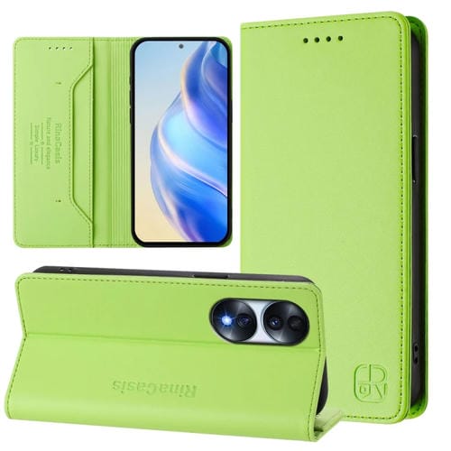 Funda de Cuero con Doble Pliegue y Succión Magnética Rfid para Honor 70 Pro Rc01 (Verde Hierba)