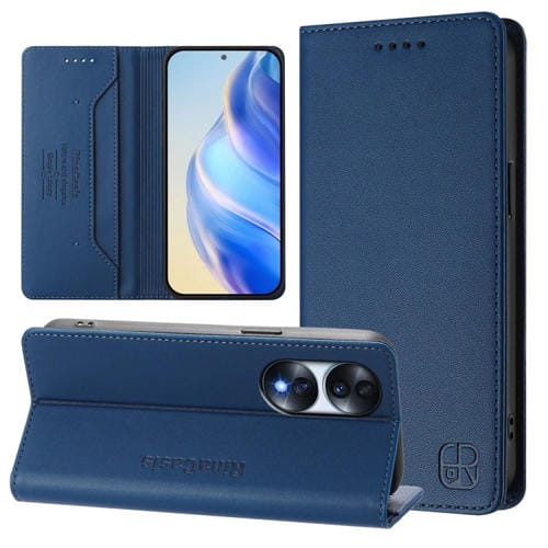 Funda de Cuero con Doble Pliegue y Succión Magnética RFID para Honor 70 Pro Rc01 (Azul Oscuro)