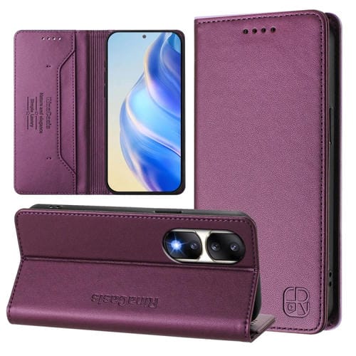 Funda de Cuero con Doble Pliegue y Succión Magnética RFID para Honor 90 Pro Rc01 (Violeta)