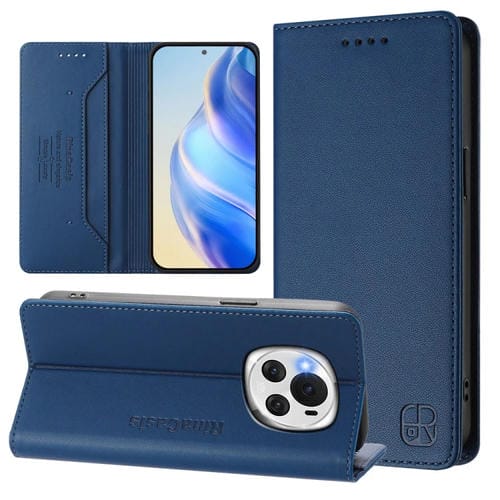 Funda de Cuero Rfid para Honor Magic6 Global Rc01 con Doble Pliegue y Succión Magnética (Azul Oscuro)