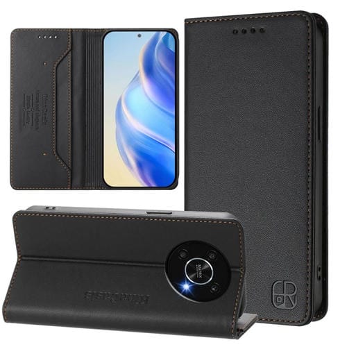 Funda de Cuero con Doble Pliegue y Succión Magnética Rfid para Honor X9 4G 5G y X30 5G Rc01 (Negra)