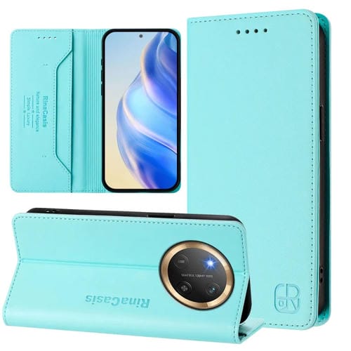 Funda de Cuero Rfid con Doble Pliegue y Succión Magnética para Honor X9C Global Rc01 (Verde Menta)
