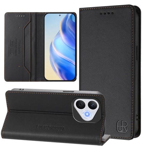 Funda de Cuero con Doble Pliegue y Succión Magnética Rfid para Honor 400 Lite Rc01 (Negra)