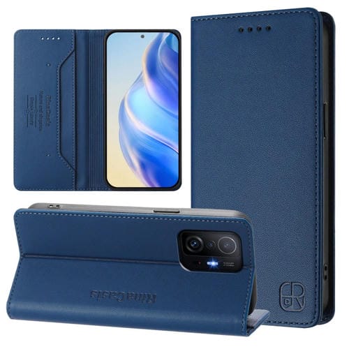 Funda de Cuero con Doble Pliegue y Succión Magnética para Teléfono Xiaomi 11T/11T Pro Rc01 (Azul Oscuro)