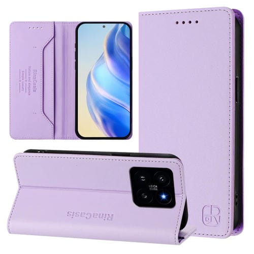 Funda De Cuero Rfid Con Succión Magnética Y Doble Pliegue Para Xiaomi 14 5G Rc01 (Morado Claro)
