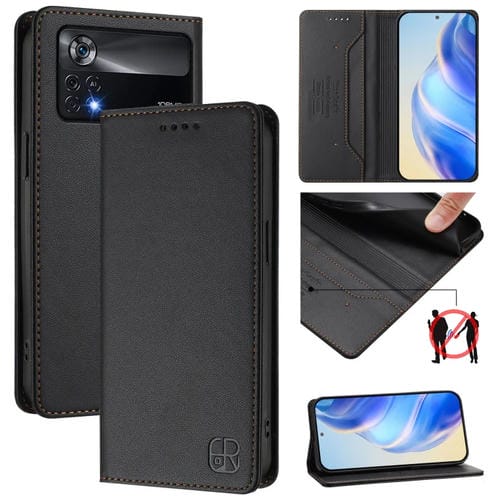 Funda de Cuero con Doble Pliegue y Succión Magnética para Teléfono Xiaomi Poco X4 Pro 5G Rc01 (Negro)