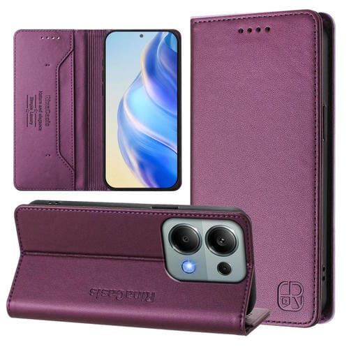 Funda de Cuero con Doble Pliegue y Succión Magnética para Redmi Note 13 Pro 4G Global Rc01 (Violeta)