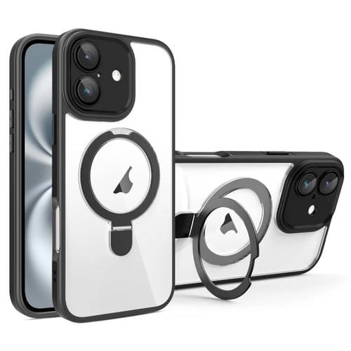 Funda para Teléfono Transparente con Soporte Magsafe y Película Cobertura Total para iPhone 16 (Negra)