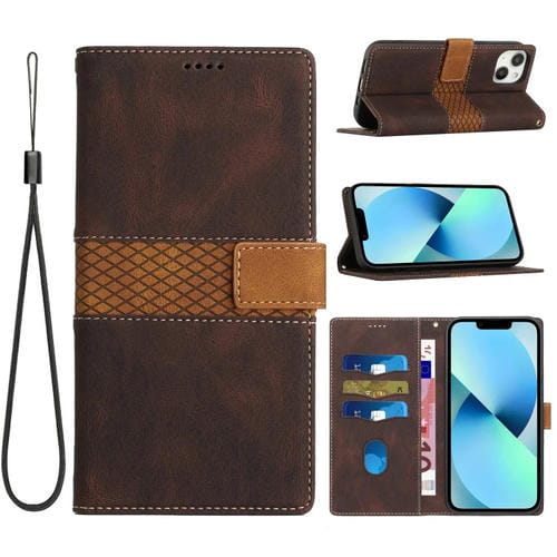 Funda de Cuero para iPhone 15 con Costuras de Cuadrícula y Cordón (Marrón)