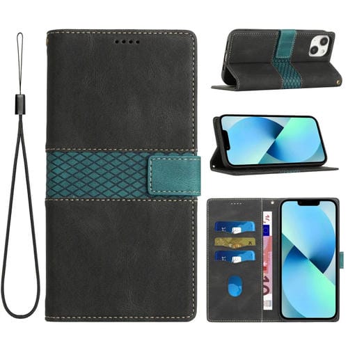 Funda de Cuero para iPhone 13 con Costuras de Cuadrícula y Cordón (Negro)