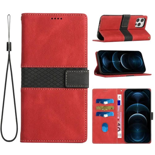 Funda de Cuero para iPhone 12 Pro Max con Costuras en Cuadrícula y Cordón (Rojo)