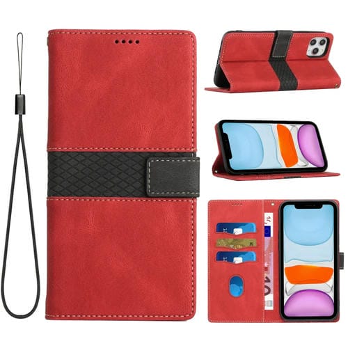 Funda de Cuero para iPhone 11 Pro con Costuras en Cuadrícula y Cordón (Rojo)