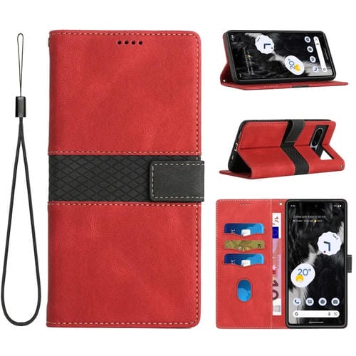 Funda de Cuero con Costuras en Cuadrícula para Google Pixel 7 Pro con Cordón (Rojo)