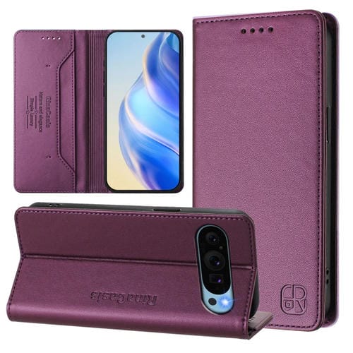 Funda de Cuero para Google Pixel 9 Pro Xl Rc01 con Doble Pliegue y Succión Magnética Rfid (Violeta)