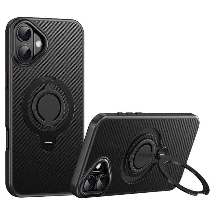 Funda de Fibra de Carbono Magsafe para iPhone 16 con Soporte Giratorio de 360 Grados (Negra)