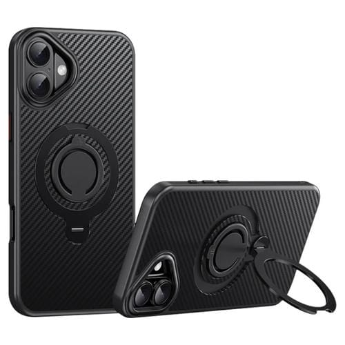 Funda de Fibra de Carbono Magsafe para iPhone 16 con Soporte Giratorio de 360 Grados (Negra)