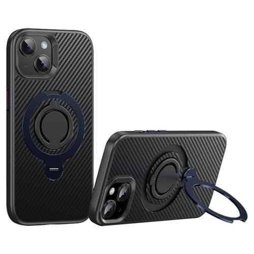 Funda de Teléfono Magsafe Fibra de Carbono para iPhone 15 Plus y 14 Plus con Soporte Giratorio 360 (Negro y Azul)