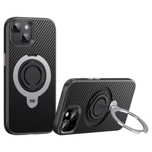 Funda de Teléfono Magsafe Fibra de Carbono para iPhone 15 Plus y 14 Plus con Soporte Giratorio 360 (Negro y Plateado)