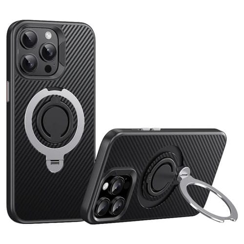 Funda de Teléfono Magsafe Fibra de Carbono para iPhone 14 Pro Soporte Giratorio 360 (Negro y Plateado)