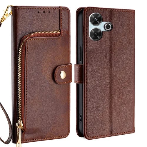 Funda de Cuero con Cremallera para Redmi 13 4G (Marrón)