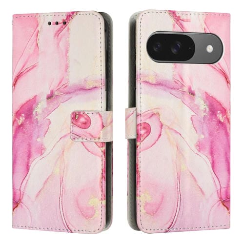 Funda de Cuero con Patrón de Mármol para Google Pixel 9 (Oro Rosa)