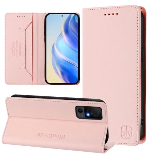 Funda de Cuero para TCL 40 Xl/40T/T608Dl Rc01 con Doble Pliegue y Succión Magnética Rfid (Rosa)