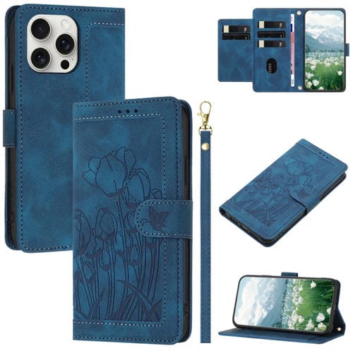 Funda de Piel con Relieve de Tulipanes para iPhone 13 Pro con Cordón (Azul)