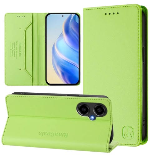 Funda de Cuero RFID para Blu G64 RC01 con Doble Pliegue y Succión Magnética (Verde Hierba)