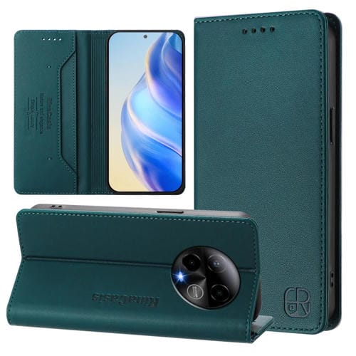 Funda de Cuero RFID para Teléfono Blu Bold K50 RC01 con Doble Pliegue y Succión Magnética (Verde Oscuro)
