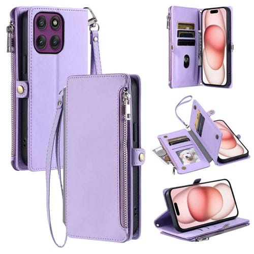 Funda de cuero con cremallera y ranura para múltiples tarjetas para Motorola Edge 60 Pro (morado)