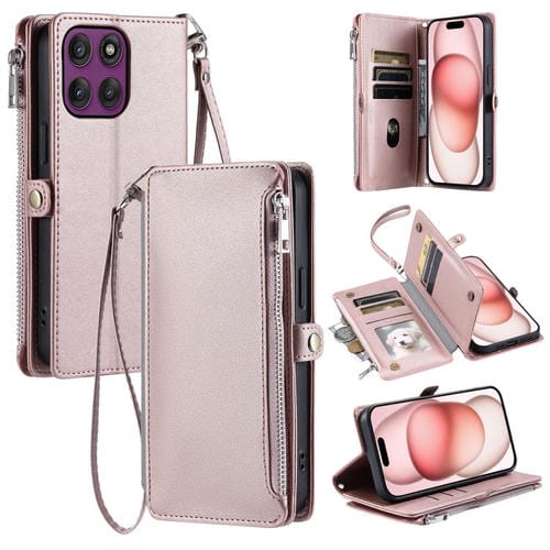 Funda de cuero con cremallera y ranura para múltiples tarjetas para Motorola Edge 60 Pro (oro rosa)
