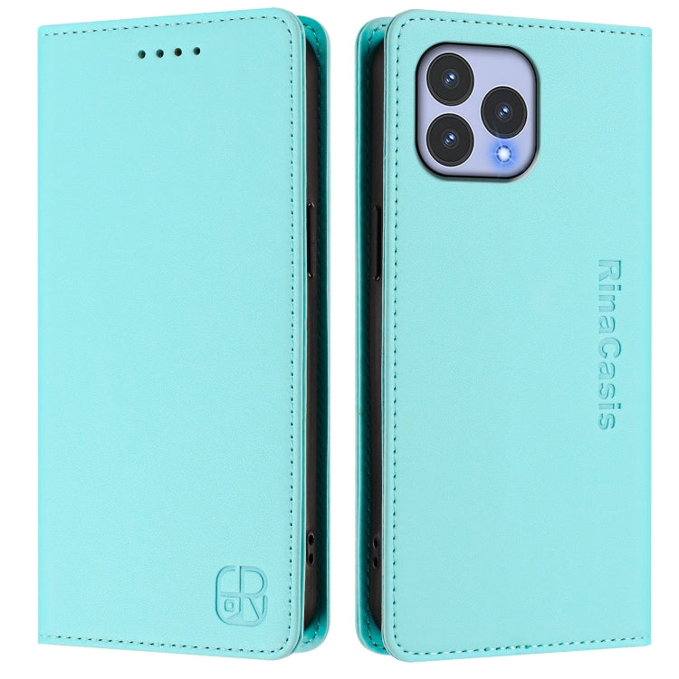 Funda de Cuero Rfid con Doble Pliegue y Succión Magnética para Wiko T60 y Cubot P80 Rc01 (Verde Menta)