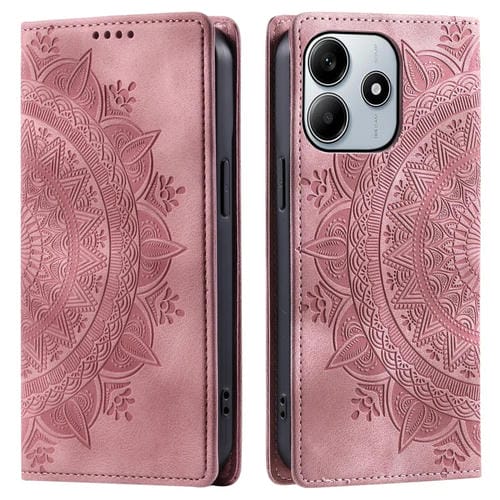 Funda de Cuero Magnética con Relieve Totem para Xiaomi Redmi Note 14 5G (Oro Rosa)