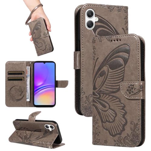 Funda de piel con relieve de mariposa para Samsung Galaxy A07 5G (gris)