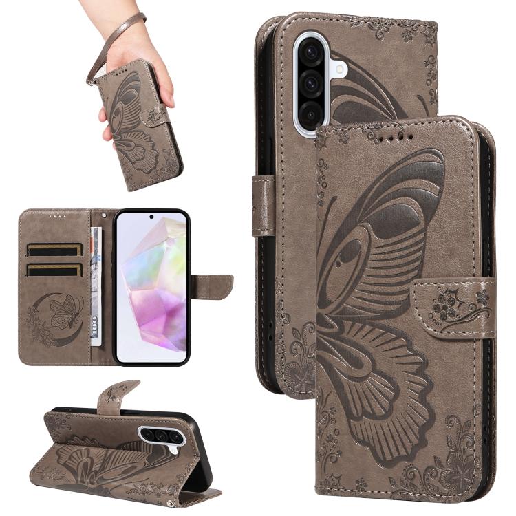 Funda de piel con relieve de mariposa para Samsung Galaxy A56 5G (gris)